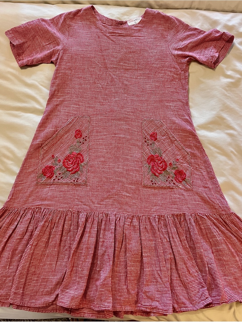 Bombay Paisley Women's Red Midi Gingham Dress with Rose Embroidery Pockets XS - Picture 9 of 16